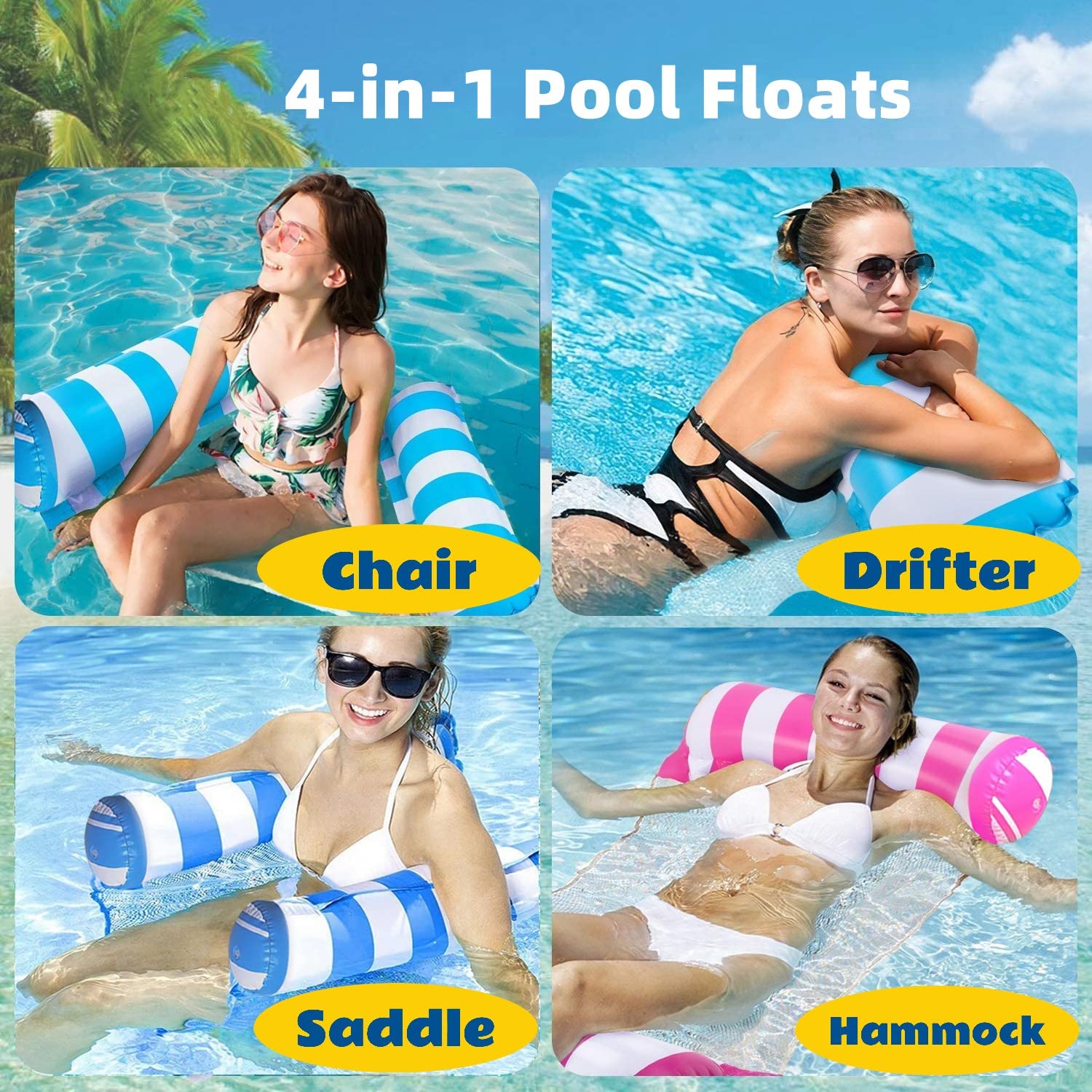 Oneirion 4 Pack Inflatable Pool Floats Hammock Multi-Purpose Water Lounges for Swimming Pool Beach Outdoor Relaxation - View 2 of 7