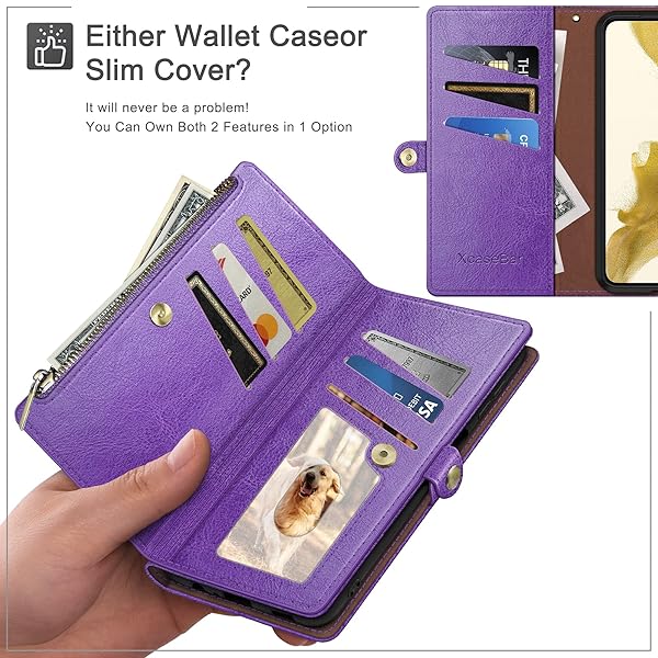 XcaseBar XcaseBar iPhone 14 Case with Zipper RFID Blocking Credit Card Holder Flip Folio PU Leather Shockproof Cover for Apple 14 Wallet Purple - View 5 of 8