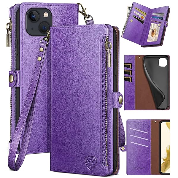 XcaseBar XcaseBar iPhone 14 Case with Zipper RFID Blocking Credit Card Holder Flip Folio PU Leather Shockproof Cover for Apple 14 Wallet Purple - View 3 of 8