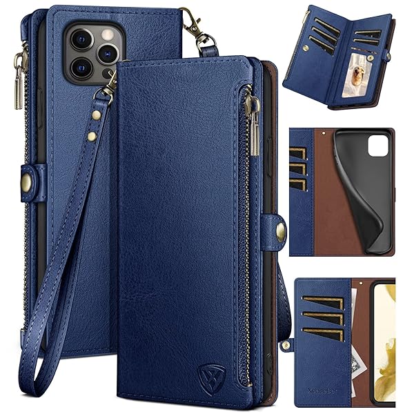 XcaseBar iPhone 14 Pro Max Wallet Case with Zipper Credit Card Holder RFID Blocking Flip Folio PU Leather Shockproof Cover Blue
