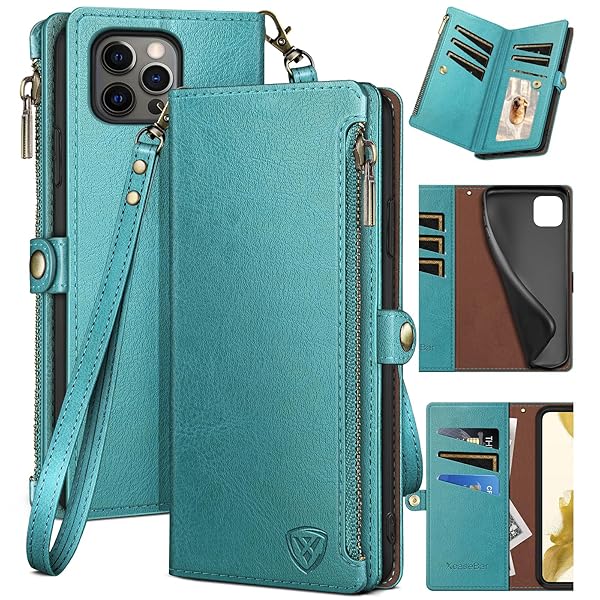 XcaseBar XcaseBar iPhone 14 Pro Max Wallet Case Zipper Credit Card Holder RFID Blocking Flip Folio PU Leather Shockproof Cover Blue Green - View 2 of 8