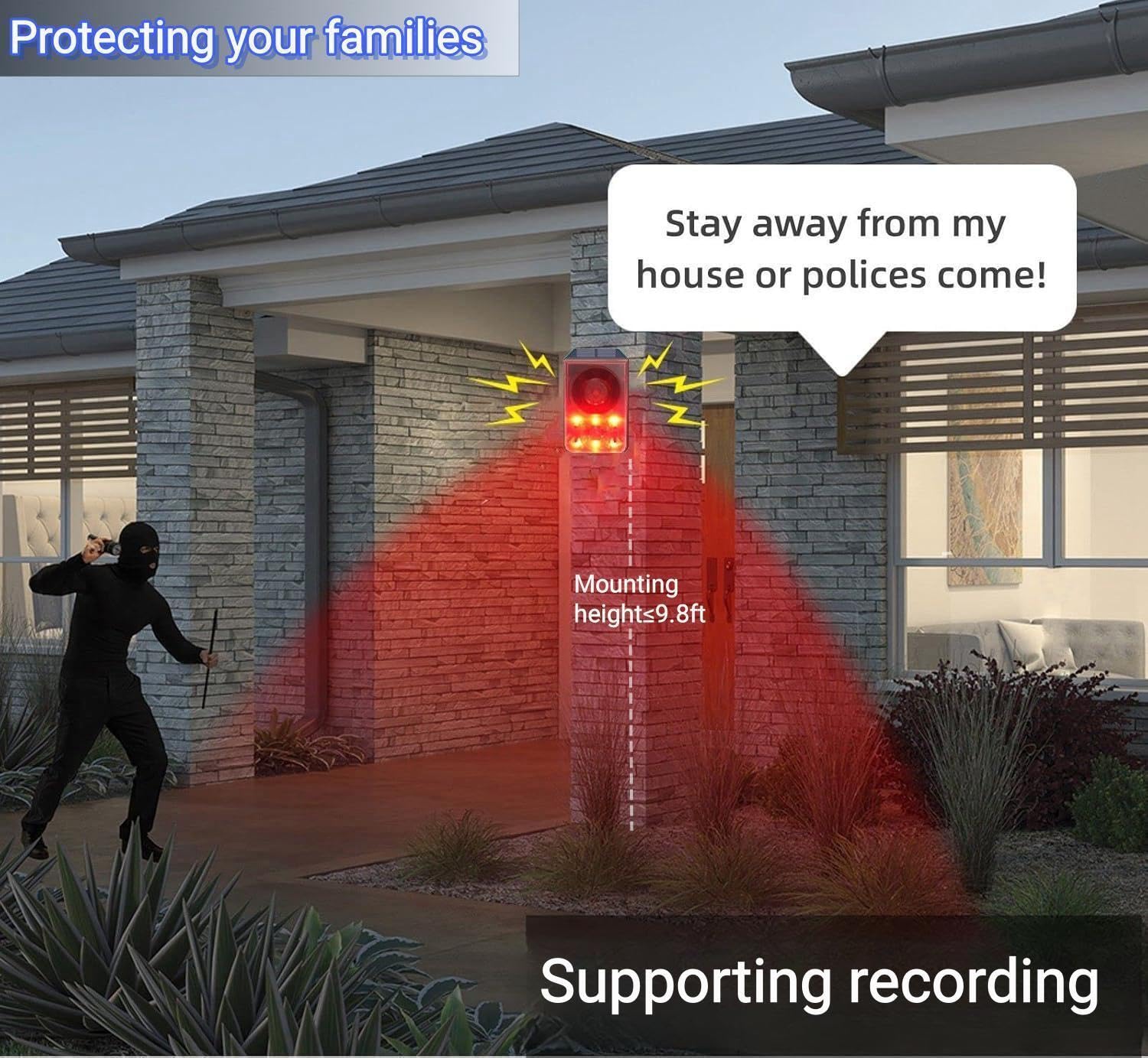 HULPPRE HULPPRE Solar Outdoor Motion Sensor Alarm with Dog Barking and Gunshot Sound 130db Loud Noise Maker and Strobe Light for Intruder Protection - View 2 of 7