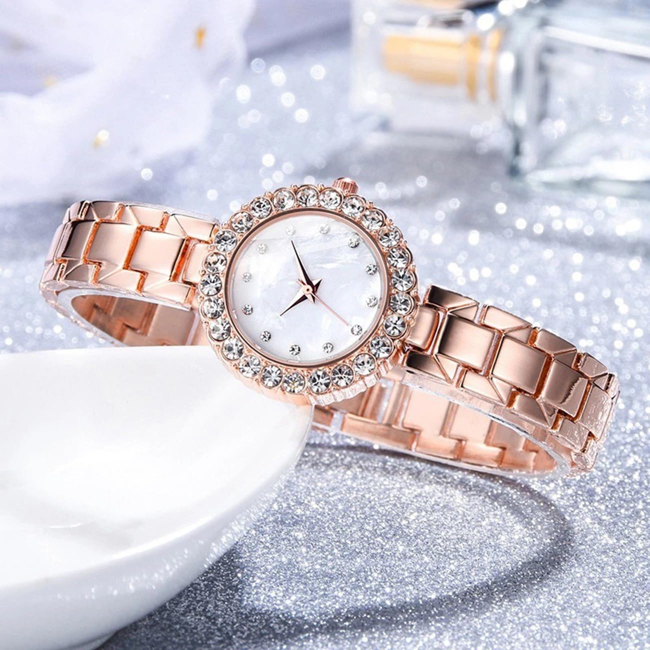 CdyBox CdyBox Classic Alloy Strap Ladies Watch with Crystal Bracelet Quartz Wristwatches for Women in Rose Gold Perfect Gift Idea - View 6 of 8