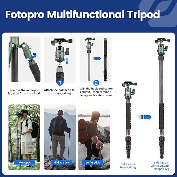 Fotopro Fotopro 59" Carbon Fiber Travel Tripod, Compact Camera Tripod with Ball Head, Detachable Monopod with Quick Release Plate and Bag, Load up to 8KG/17.63lbs - View 5 of 9