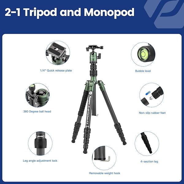 Fotopro Fotopro 59" Carbon Fiber Travel Tripod, Compact Camera Tripod with Ball Head, Detachable Monopod with Quick Release Plate and Bag, Load up to 8KG/17.63lbs - View 8 of 9