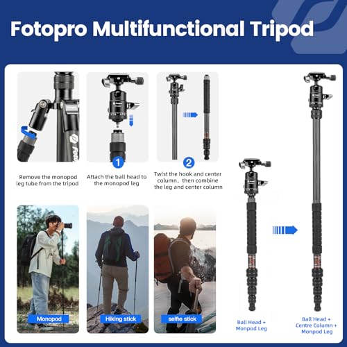 Fotopro Fotopro 59" Carbon Fiber Travel Tripod, Lightweight Compact Camera Tripod with Ball Head for DSLR SLR, Compact Detachable Monopod with Quick Release Plate and Bag, Load up to 8KG/17.63lbs - View 5 of 9