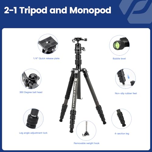 Fotopro Fotopro 59" Carbon Fiber Travel Tripod, Lightweight Compact Camera Tripod with Ball Head for DSLR SLR, Compact Detachable Monopod with Quick Release Plate and Bag, Load up to 8KG/17.63lbs - View 8 of 9