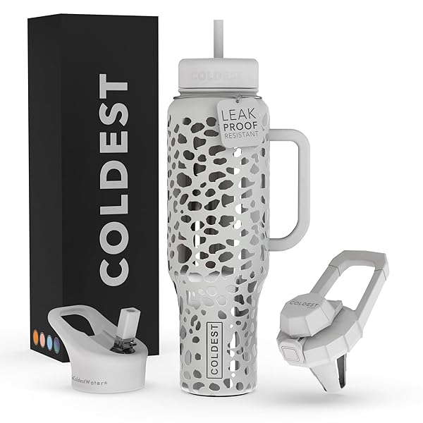 The Coldest Water Coldest Tumbler with Handle and Straw Lid | 3 Lids Insulated Reusable Stainless Steel Water Bottle Travel Mug | Gifts for Women Him Her | Limitless Collection (46 oz, Silver Leopard)
