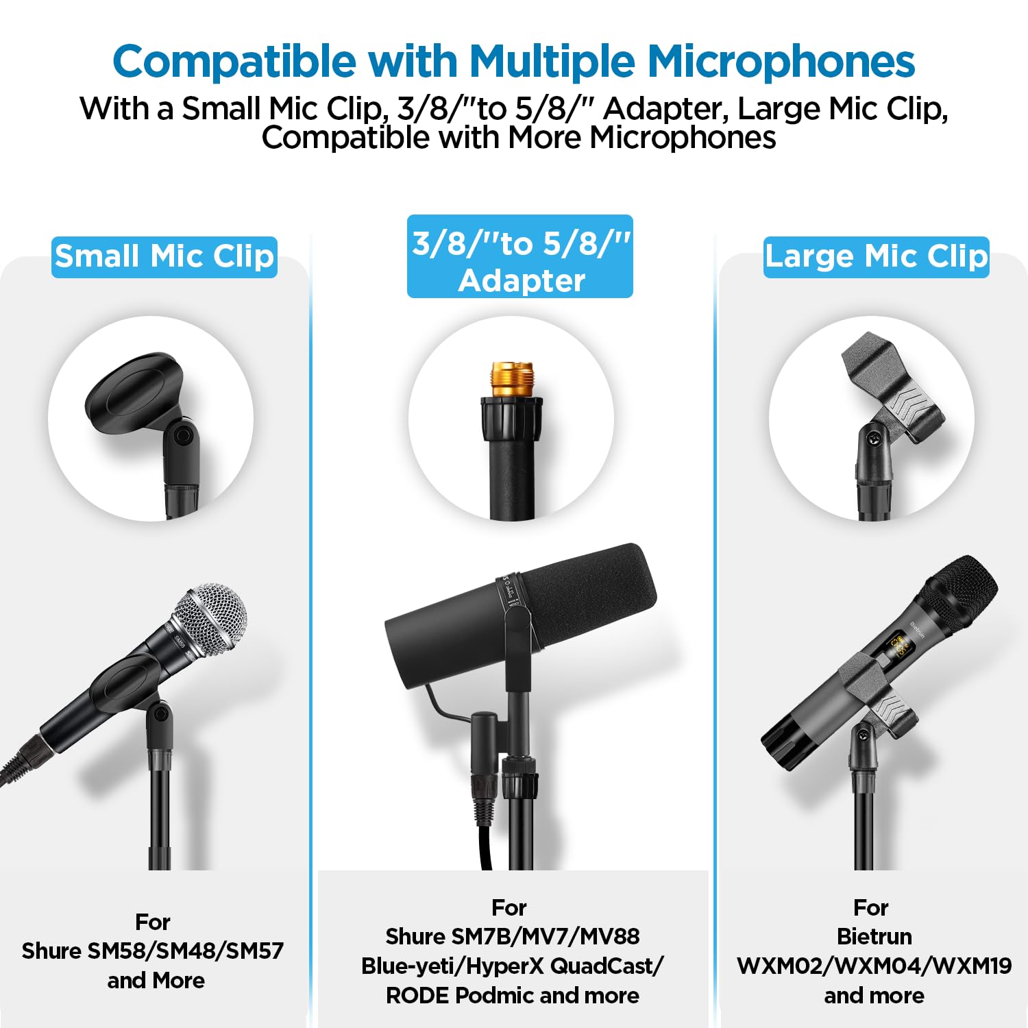 Round Base Microphone Stand, Bietrun Heavy Duty Adjustable Metal Mic Floor Stand for Singing Church Stage with 2 Universal Mic Clip, 3 8'' to 5 - View 3 of 8