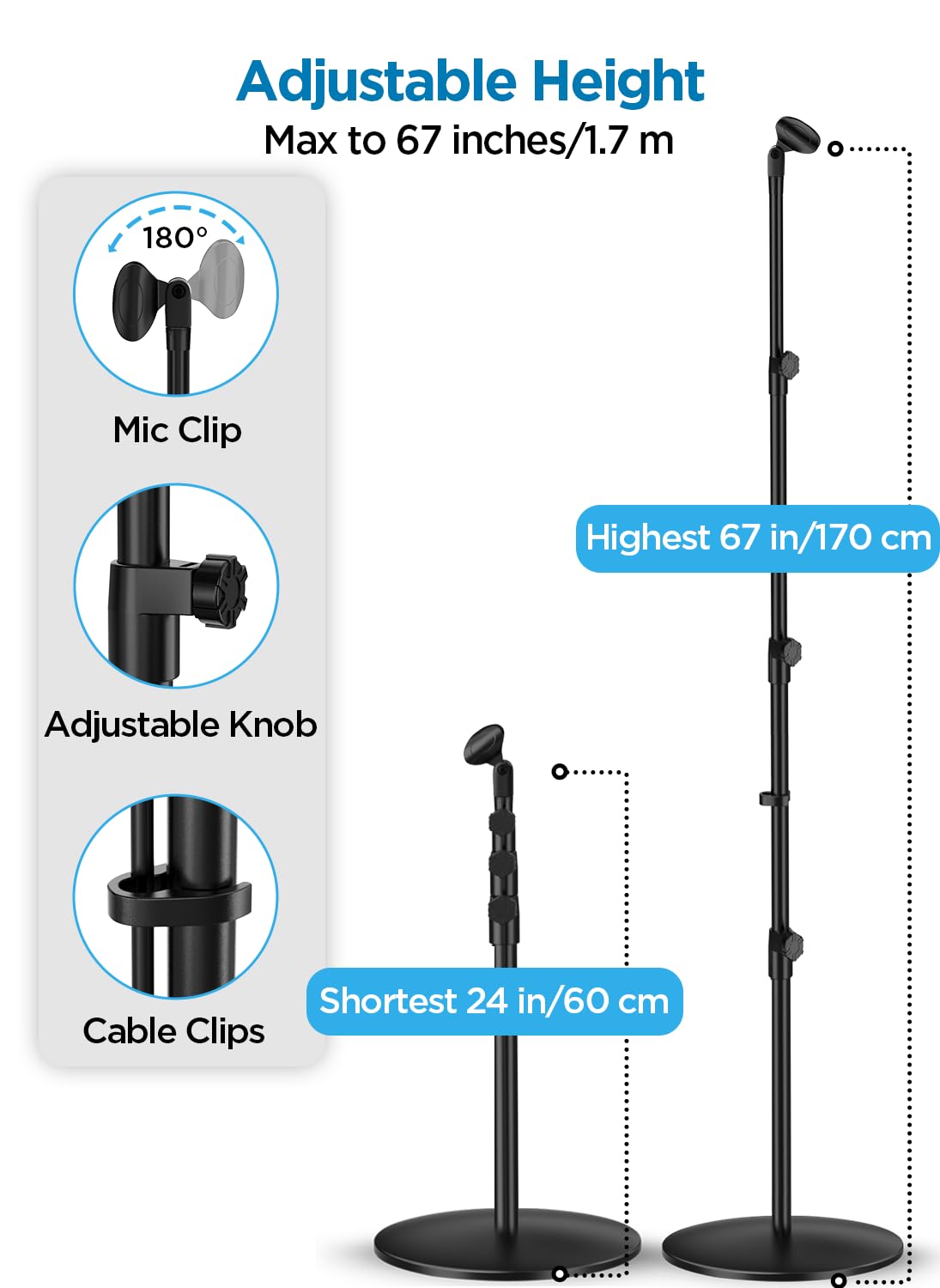 Round Base Microphone Stand, Bietrun Heavy Duty Adjustable Metal Mic Floor Stand for Singing Church Stage with 2 Universal Mic Clip, 3 8'' to 5 - View 4 of 8