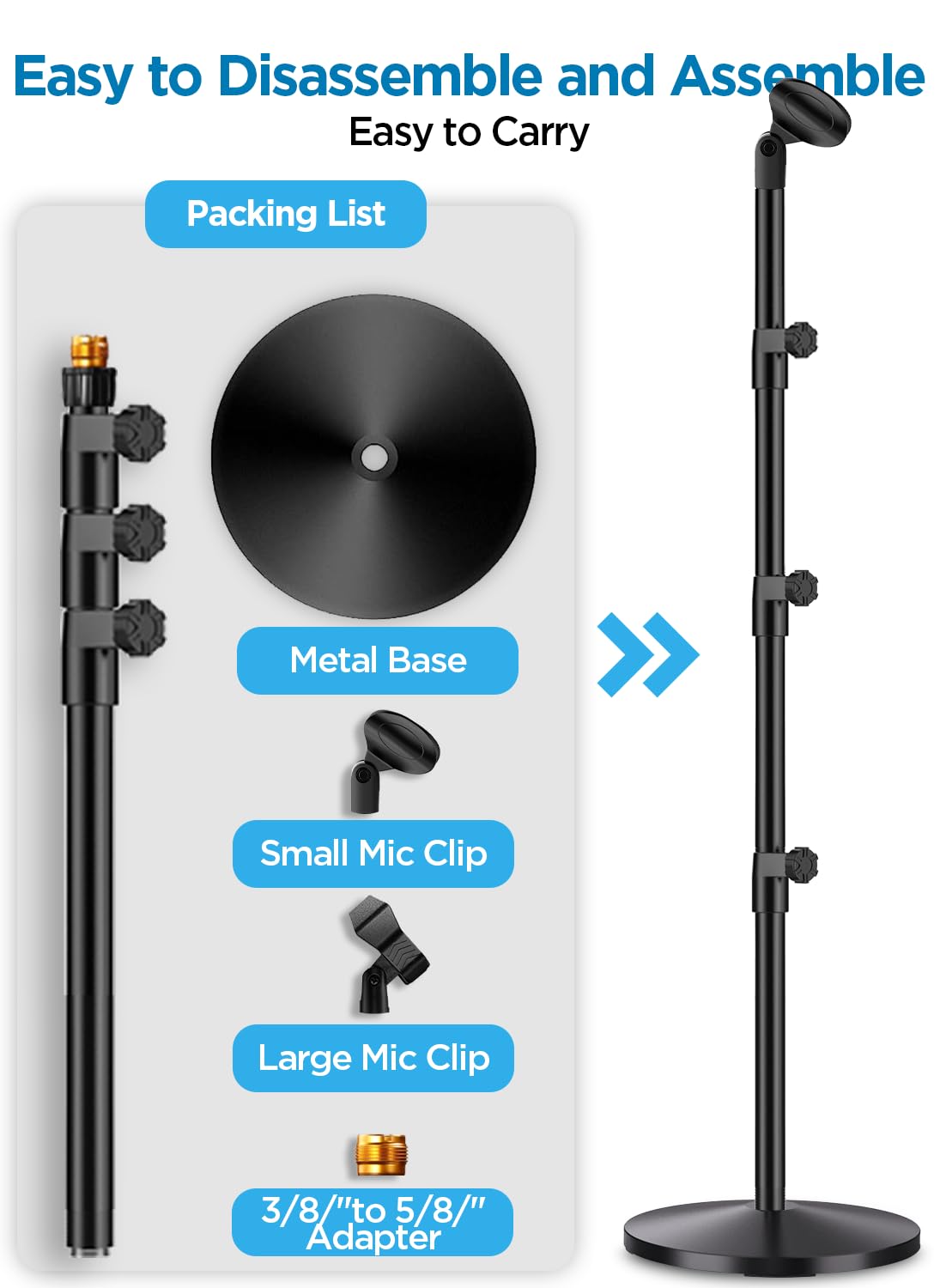 Round Base Microphone Stand, Bietrun Heavy Duty Adjustable Metal Mic Floor Stand for Singing Church Stage with 2 Universal Mic Clip, 3 8'' to 5 - View 6 of 8