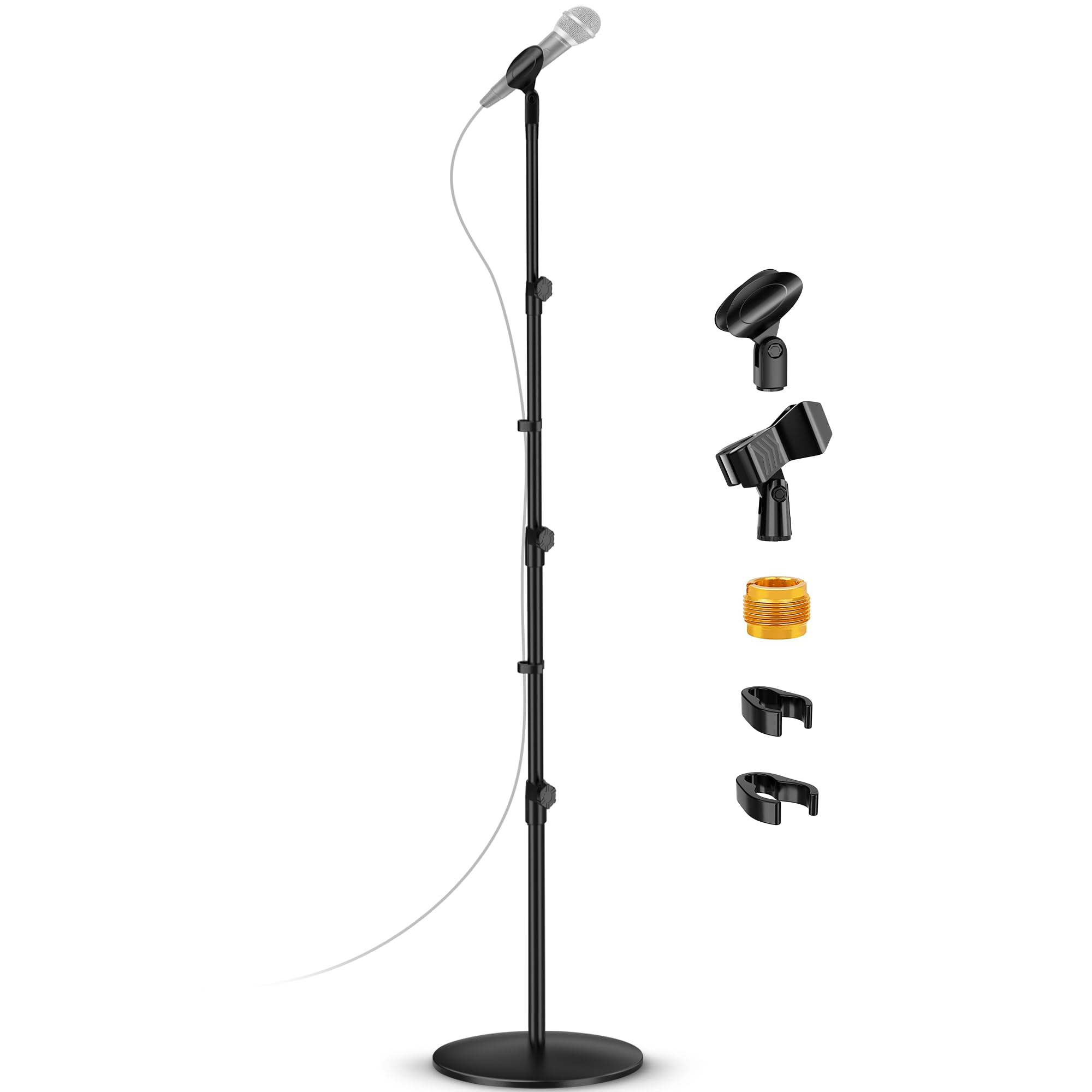 Round Base Microphone Stand, Bietrun Heavy Duty Adjustable Metal Mic Floor Stand for Singing Church Stage with 2 Universal Mic Clip, 3 8'' to 5 - View 8 of 8