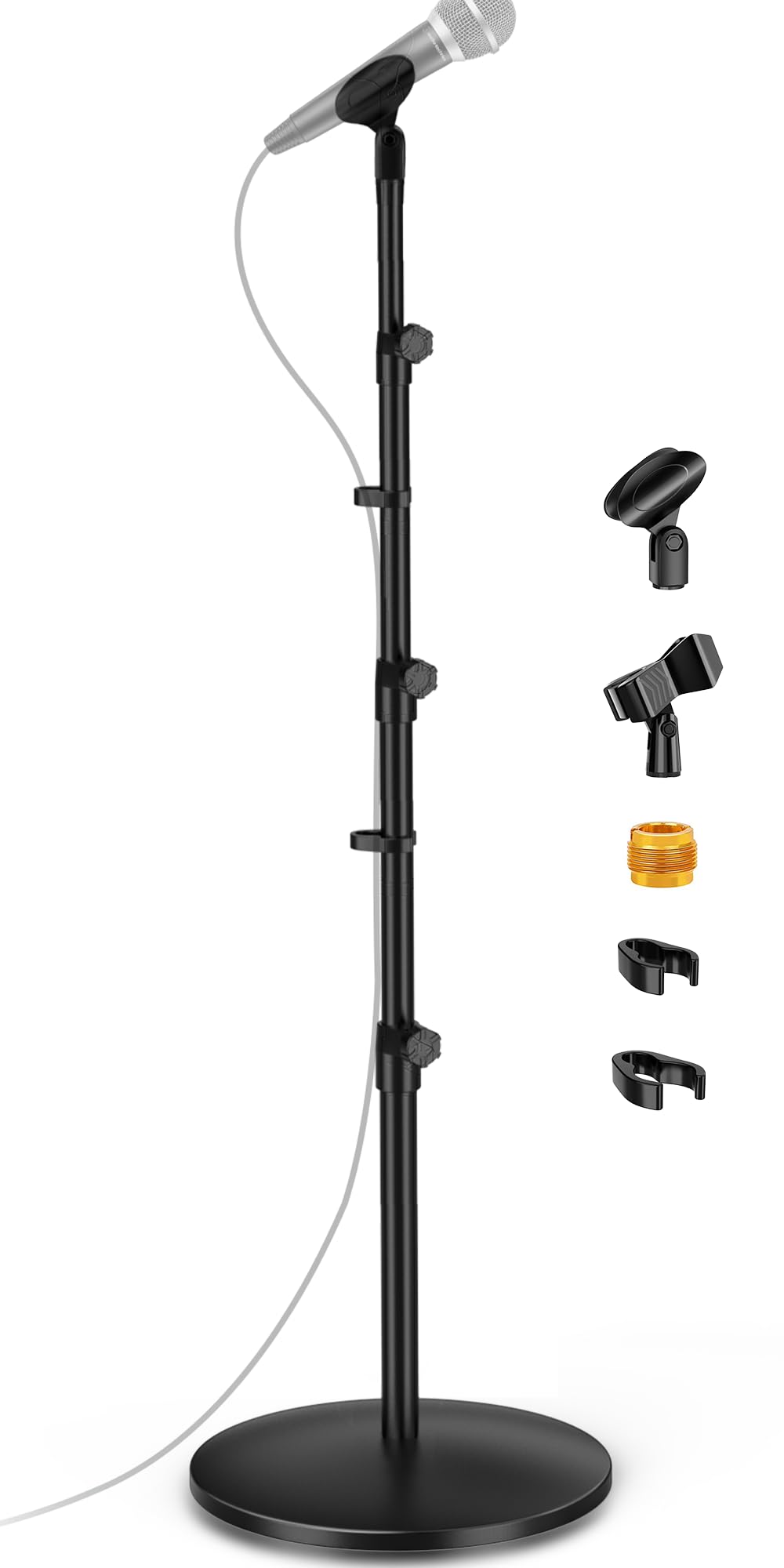 Round Base Microphone Stand, Bietrun Heavy Duty Adjustable Metal Mic Floor Stand for Singing Church Stage with 2 Universal Mic Clip, 3 8'' to 5