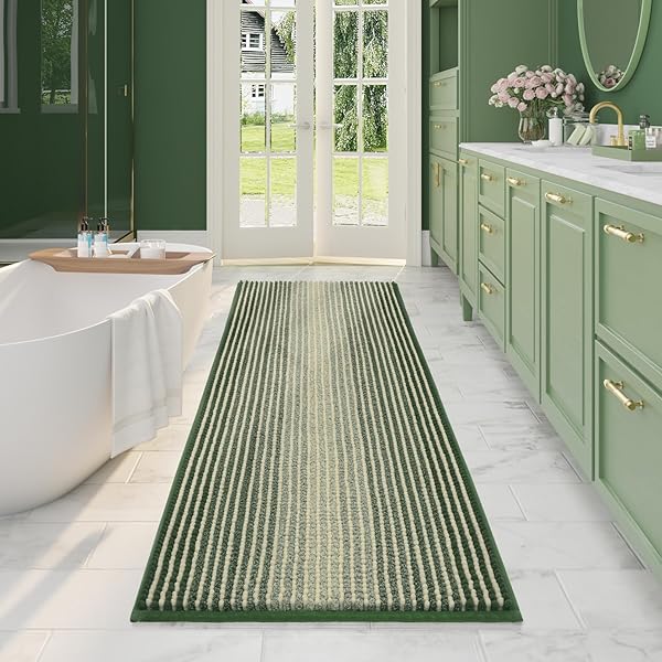 BSICPRO BSICPRO Large Non Slip Bathroom Rugs 24 x 70 Inches Water Absorbent Chenille Runner Mats Machine Washable in Sage and Cream
