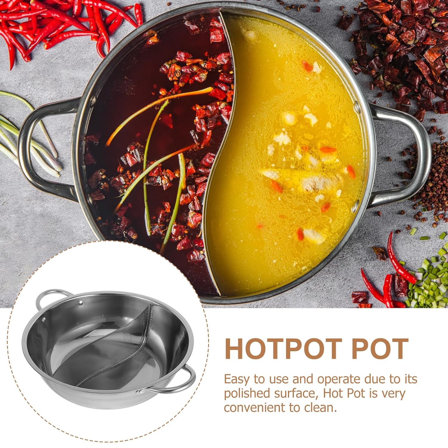 DOITOOL Divided Hot Pot Nonstick Stainless Steel Mandarin Pot Double Sided 11in Kitchen Cooking Pot for Chinese Shabu Shabu - View 2 of 9