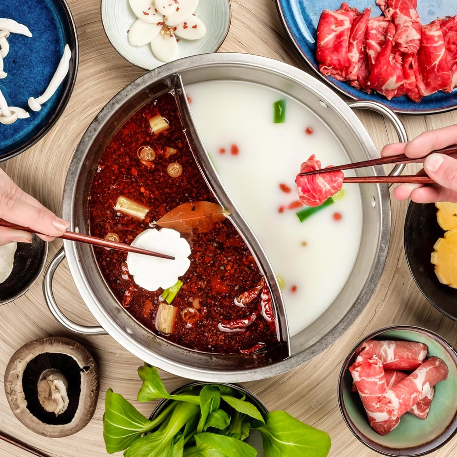 DOITOOL Divided Hot Pot Nonstick Stainless Steel Mandarin Pot Double Sided 11in Kitchen Cooking Pot for Chinese Shabu Shabu - View 4 of 9