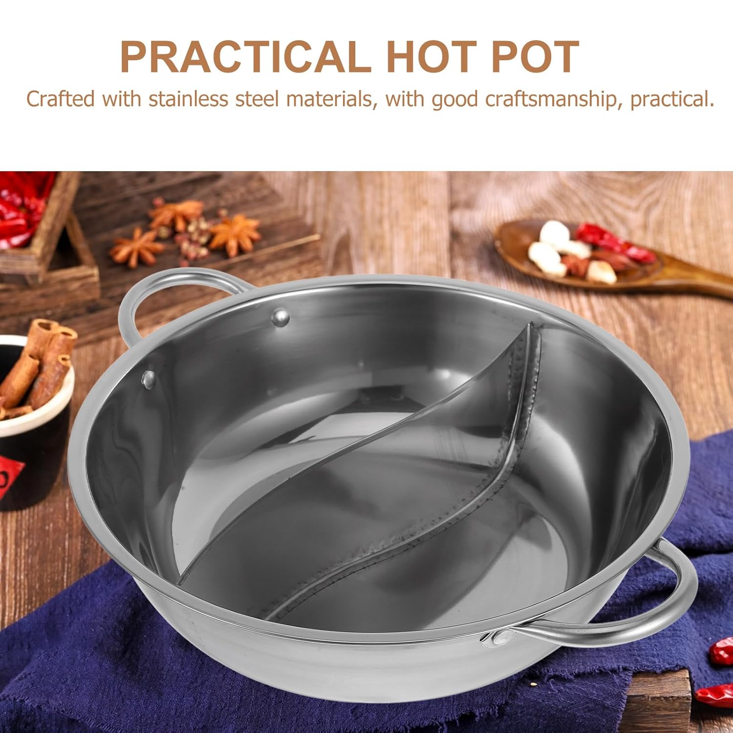 DOITOOL Divided Hot Pot Nonstick Stainless Steel Mandarin Pot Double Sided 11in Kitchen Cooking Pot for Chinese Shabu Shabu - View 6 of 9