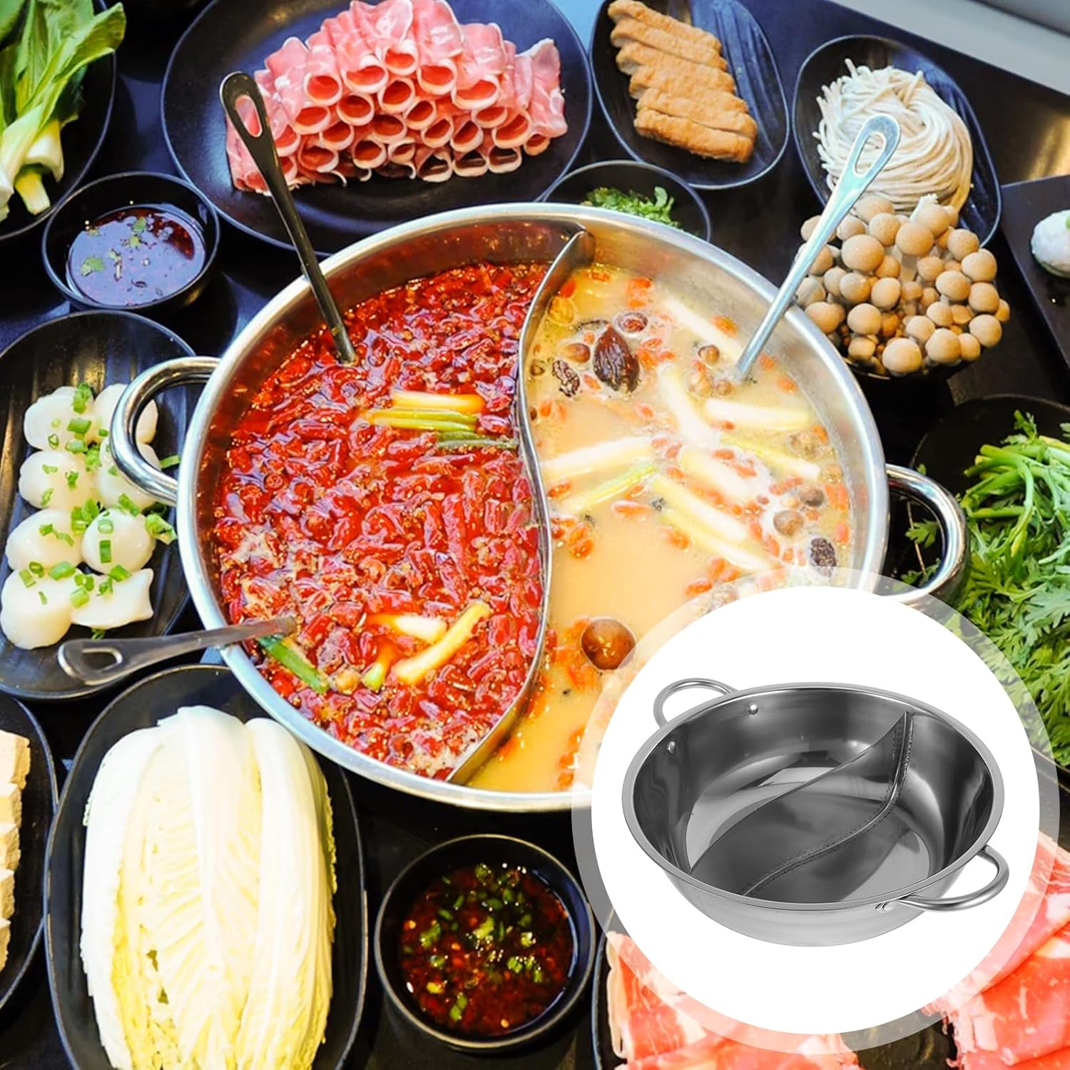 DOITOOL Divided Hot Pot Nonstick Stainless Steel Mandarin Pot Double Sided 11in Kitchen Cooking Pot for Chinese Shabu Shabu - View 7 of 9