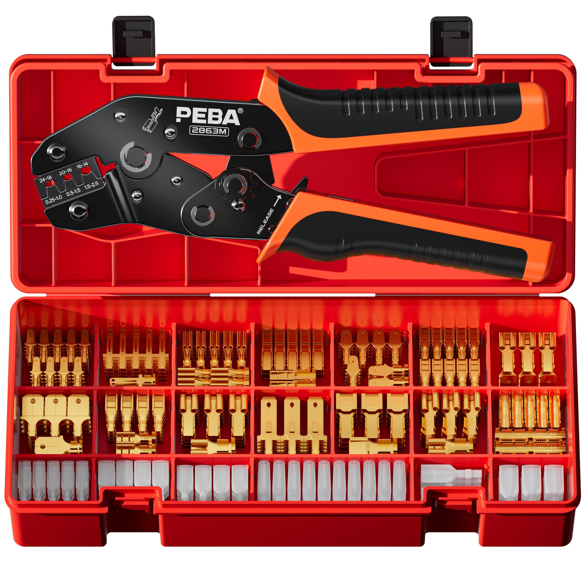 PEBA Spade Terminal Crimping Tool Kit AWG 24-14 for Quick Disconnect Male Female Non-Insulated Terminals 0.110 to 0.250 Inches