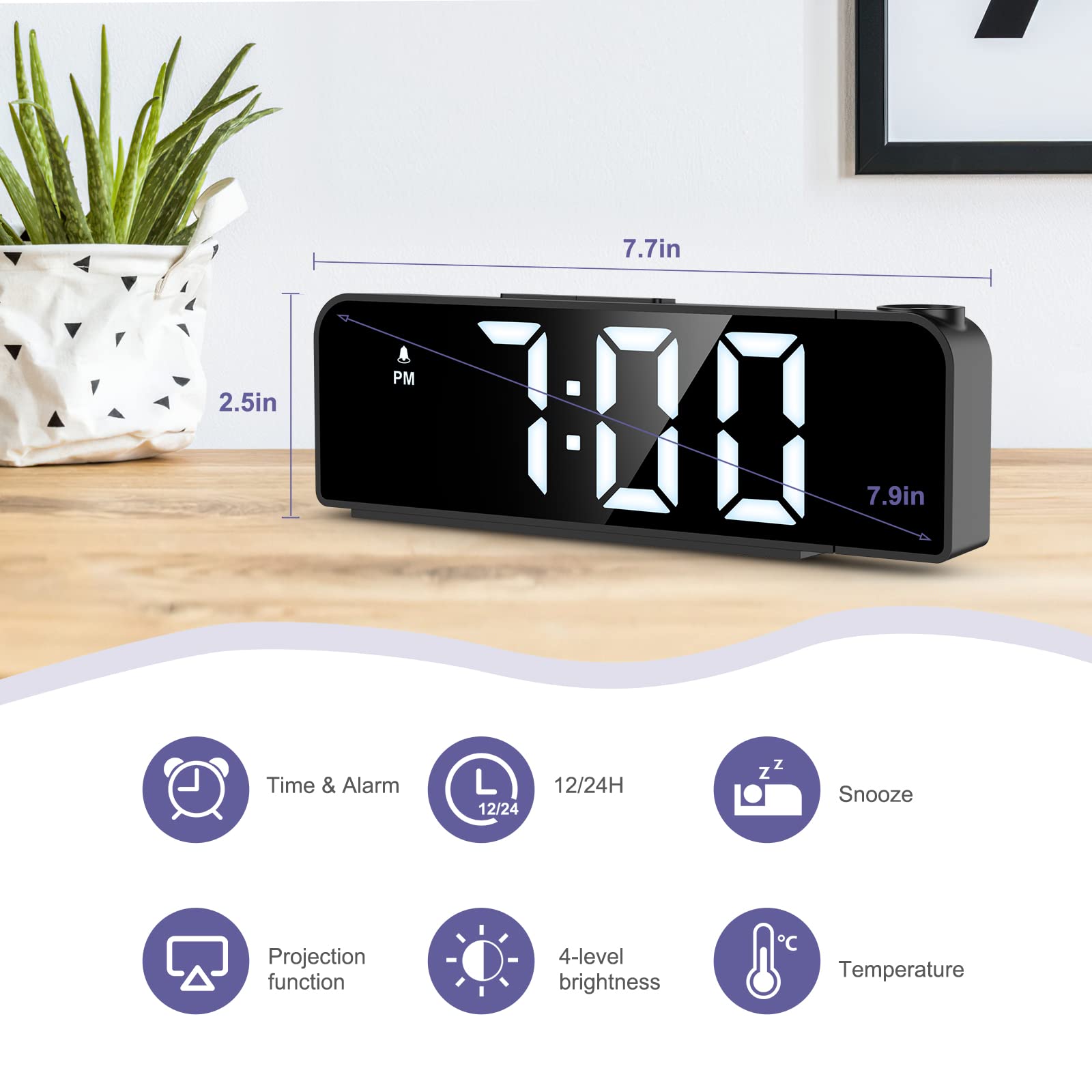 JXTZ JXTZ Projection Alarm Clock with 7.9 Inch Display Ceiling Projection LED Digital Clock for Bedroom and Living Room with Snooze and Night Mode - View 2 of 7