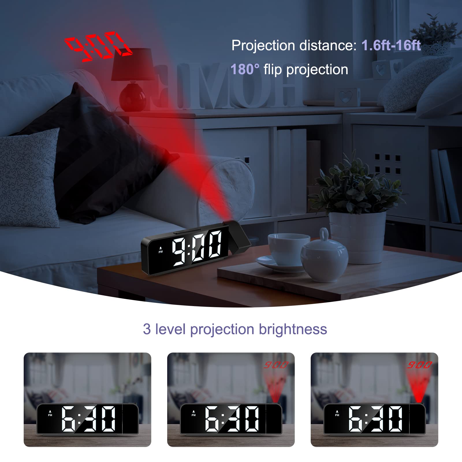 JXTZ JXTZ Projection Alarm Clock with 7.9 Inch Display Ceiling Projection LED Digital Clock for Bedroom and Living Room with Snooze and Night Mode - View 5 of 7