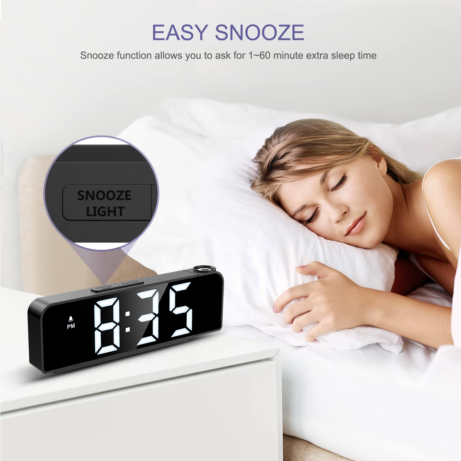 JXTZ JXTZ Projection Alarm Clock with 7.9 Inch Display Ceiling Projection LED Digital Clock for Bedroom and Living Room with Snooze and Night Mode - View 6 of 7