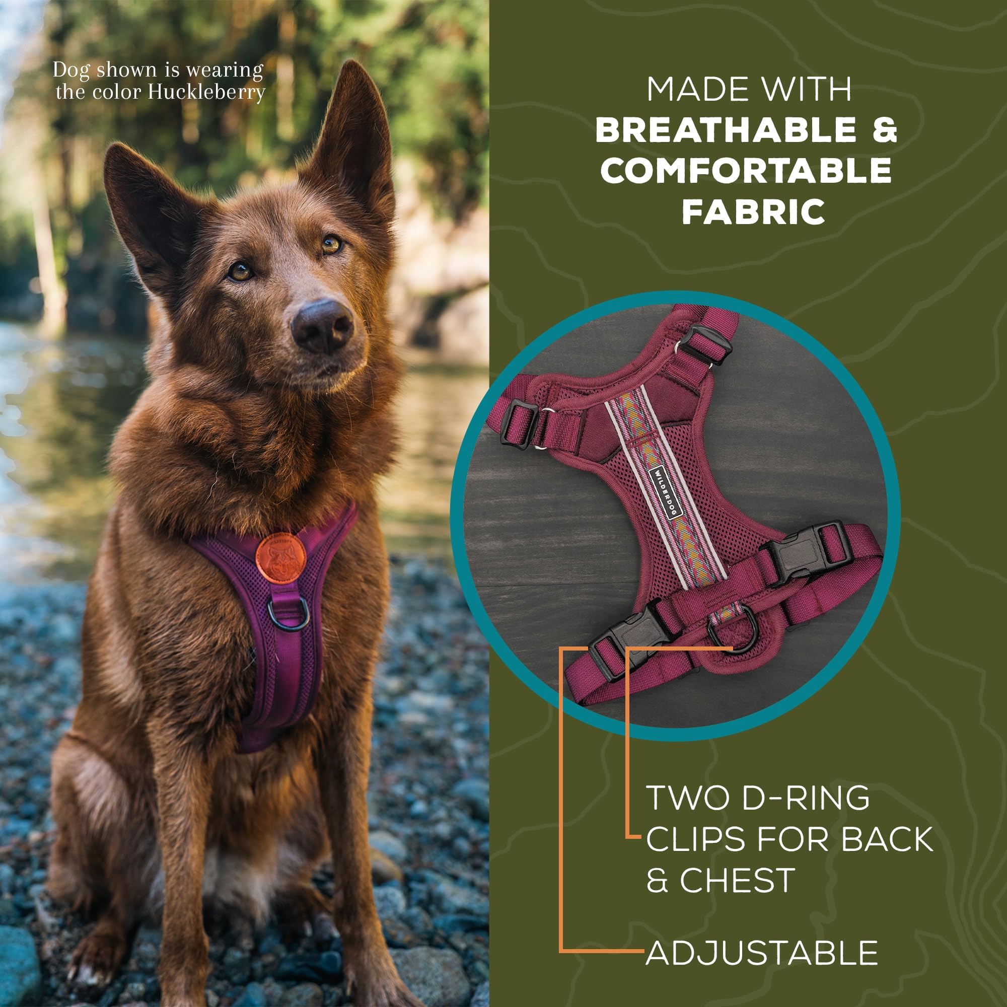 Wilderdog Wilderdog Lightweight Dog Harness Medium Huckleberry with Reflective Straps for Comfortable Outdoor Adventures - View 4 of 6