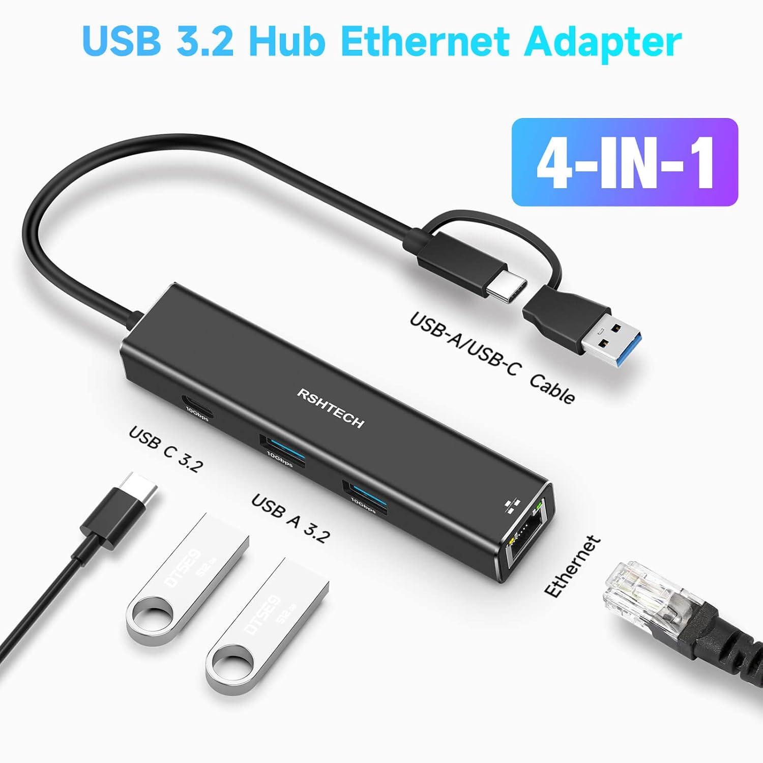 RSHTECH USB to Ethernet Adapter RSHTECH USB 3.2 Gen 2 Hub with RJ45 Gigabit Ethernet 10Gbps USB-C and 2 USB-A Ports for Laptop and PC RSH-ST310 - View 2 of 8