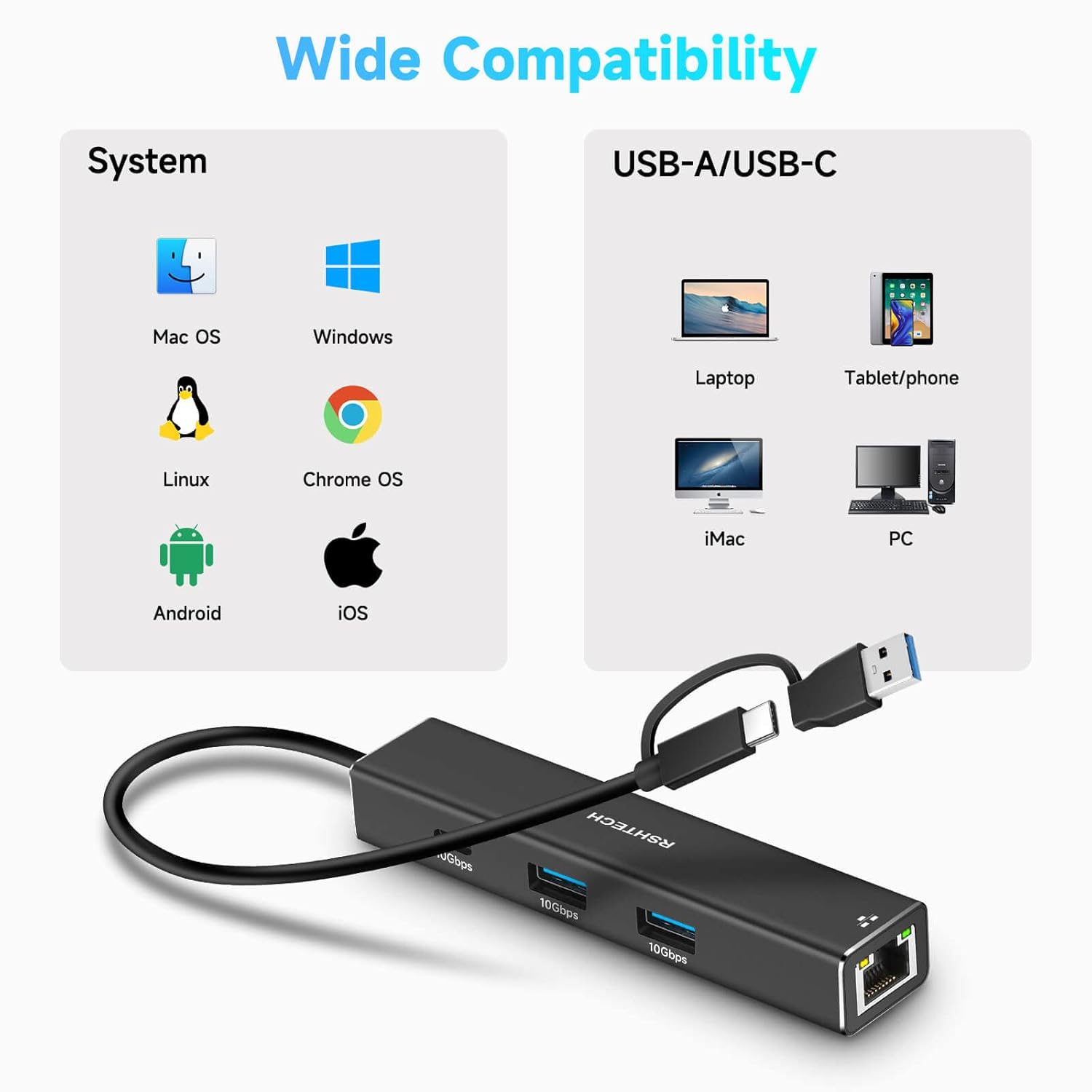 RSHTECH USB to Ethernet Adapter RSHTECH USB 3.2 Gen 2 Hub with RJ45 Gigabit Ethernet 10Gbps USB-C and 2 USB-A Ports for Laptop and PC RSH-ST310 - View 7 of 8