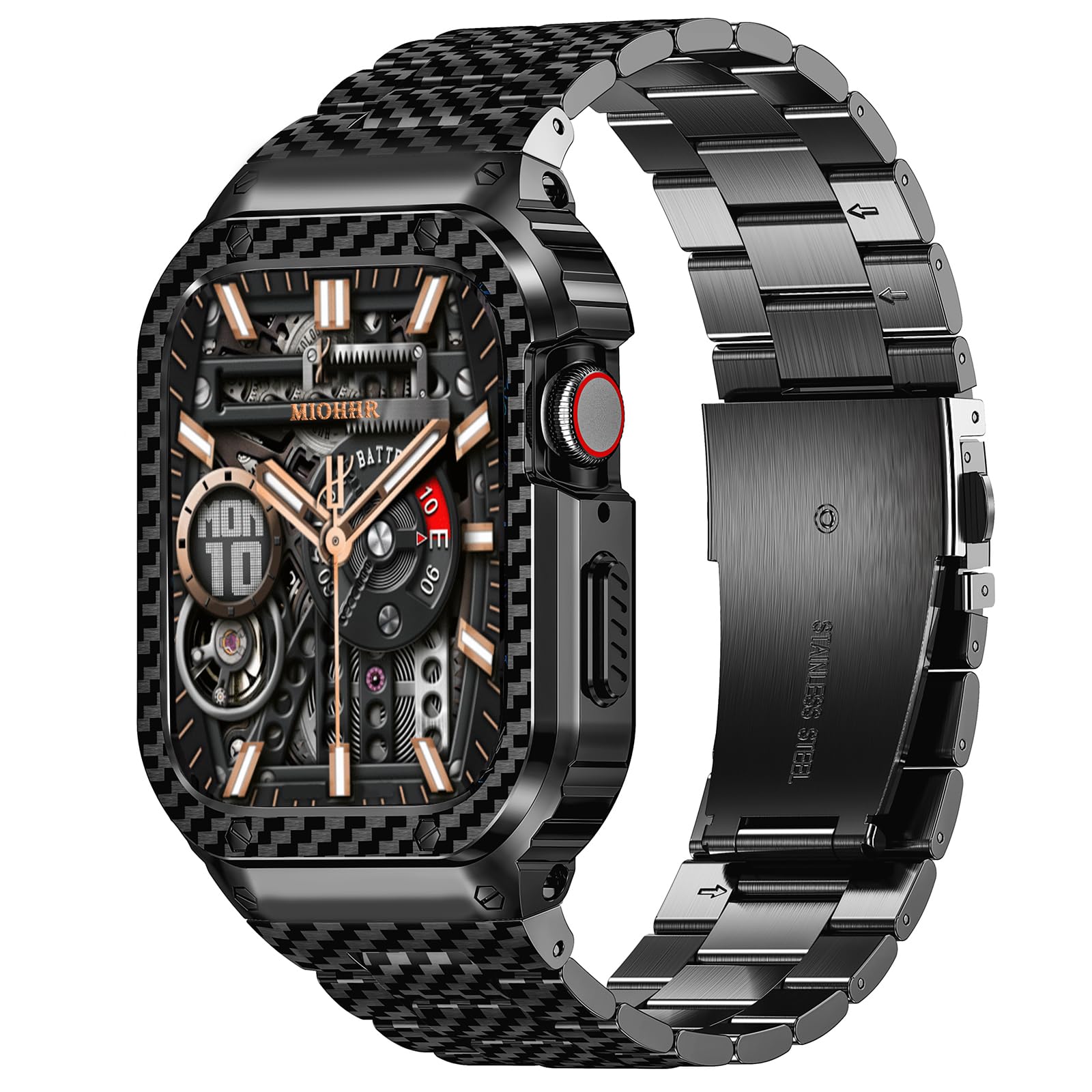 MioHHR Stainless Steel Band and Case Compatible with Apple Watch Band 45mm, Men Metal Protective Bumper Cover for iWatch Series 9 8 7, Black Pattern