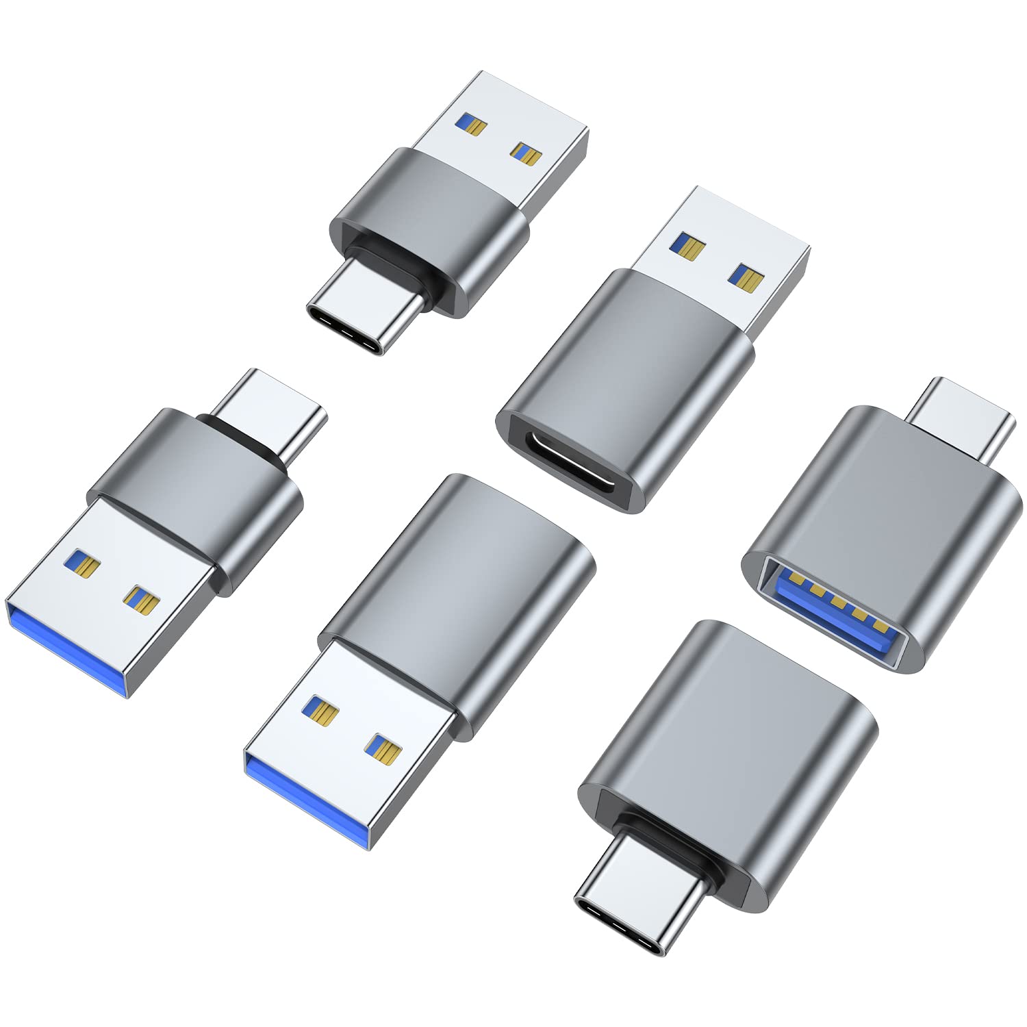 AreMe USB C Adapter (6 Pack), USB A Male to USB C Male Adapter, USB 3.0 to Type-C Converter Connector (Grey)