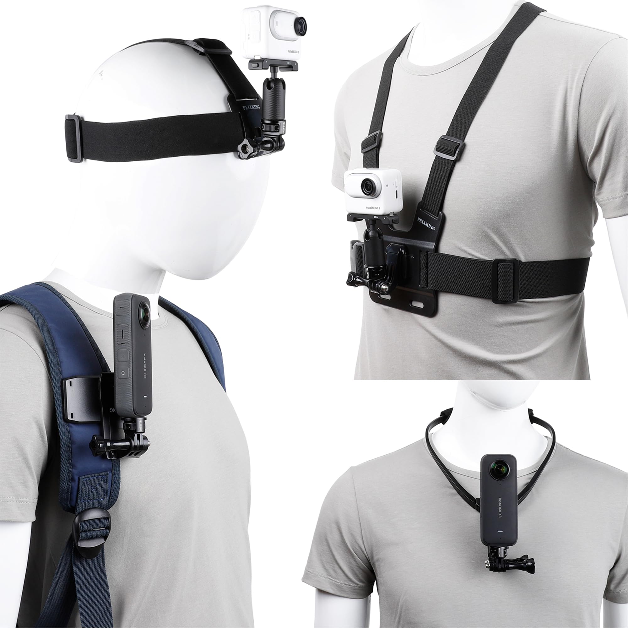 PellKing PellKing Accessories Kit for Insta360 X4 GO 3s ONE X3 X2 X RS R 4in1 Mounts Chest Strap Head Neck Backpack for GoPro DJI Action Camera - View 7 of 7