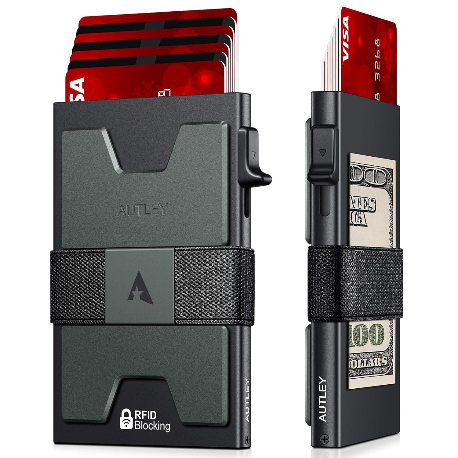 AUTLEY AUTLEY Slim Card Holder Minimalist Pop Up Wallet for Men RFID Blocking Wallet with Cash Band Black