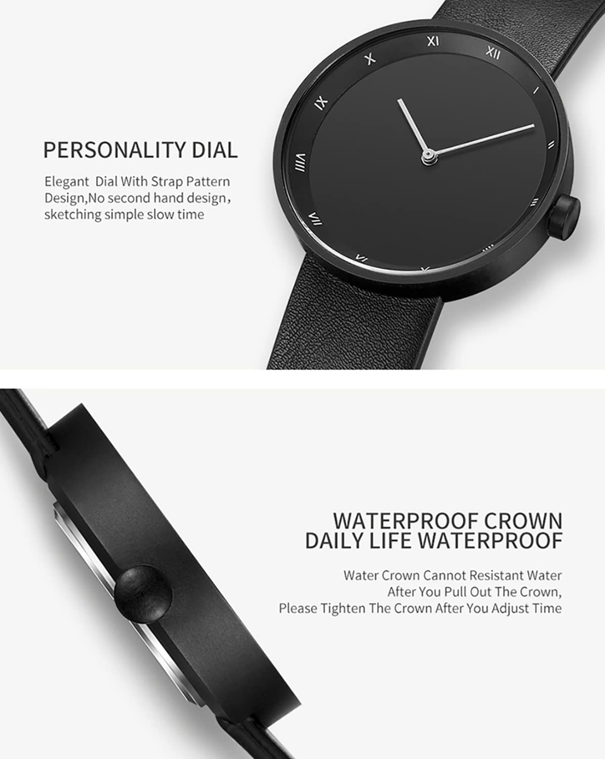 ADSBIAOYE Men's and Women's Universal Watch Fashion Minimalist Style Large dial Quartz Belt Roman Numerals Waterproof Watch (Black White) - View 6 of 7