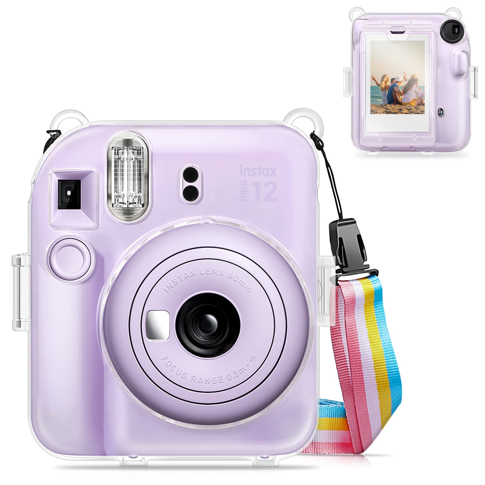 Fintie Clear Case for Fujifilm Instax Mini 12 Instant Camera with Film Pocket and Removable Rainbow Strap