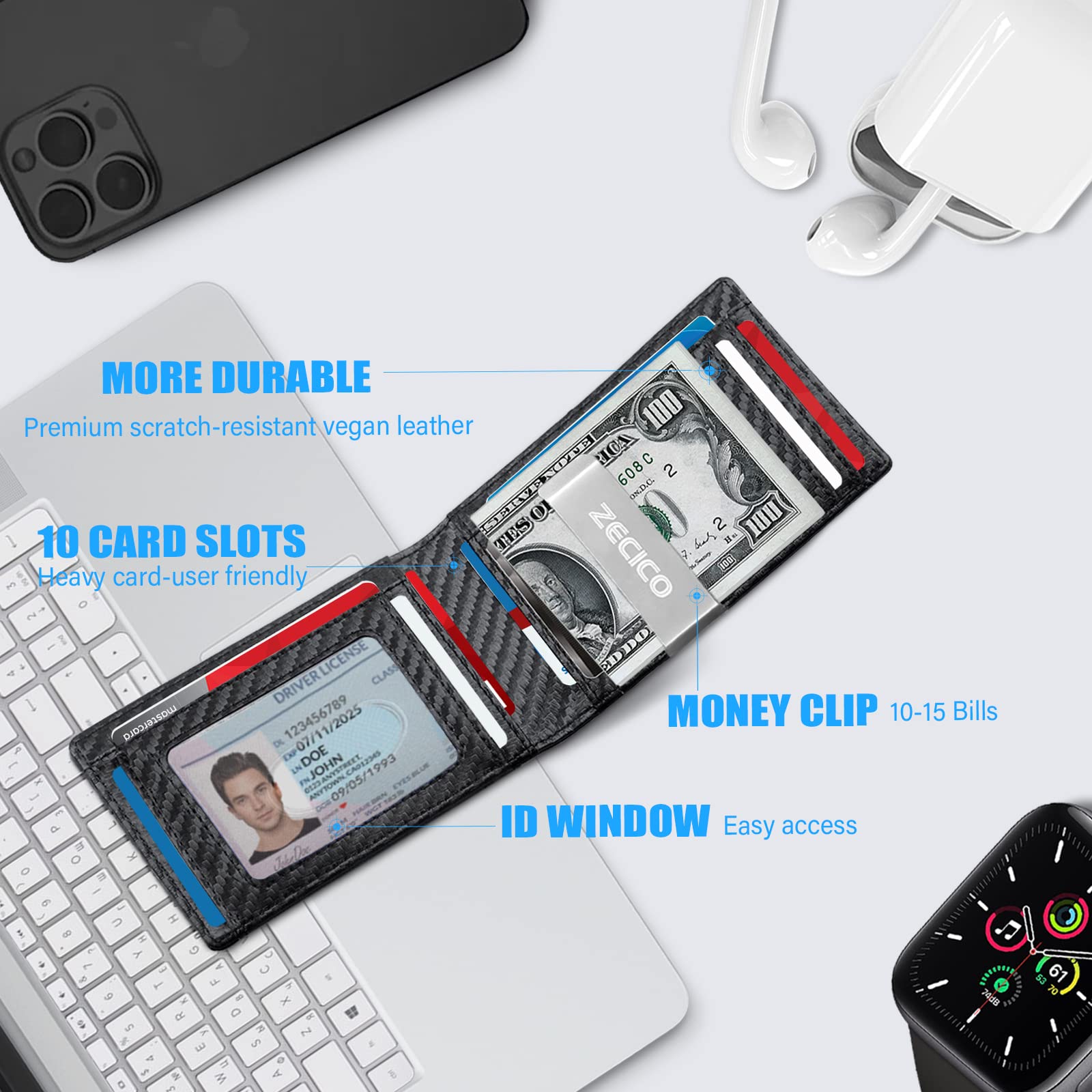 ZECICO Slim Minimalist Wallet for Men Bifold Leather Card Holder RFID Blocking Travel Purse with Money Clip ID Window Carbon Black - View 2 of 7