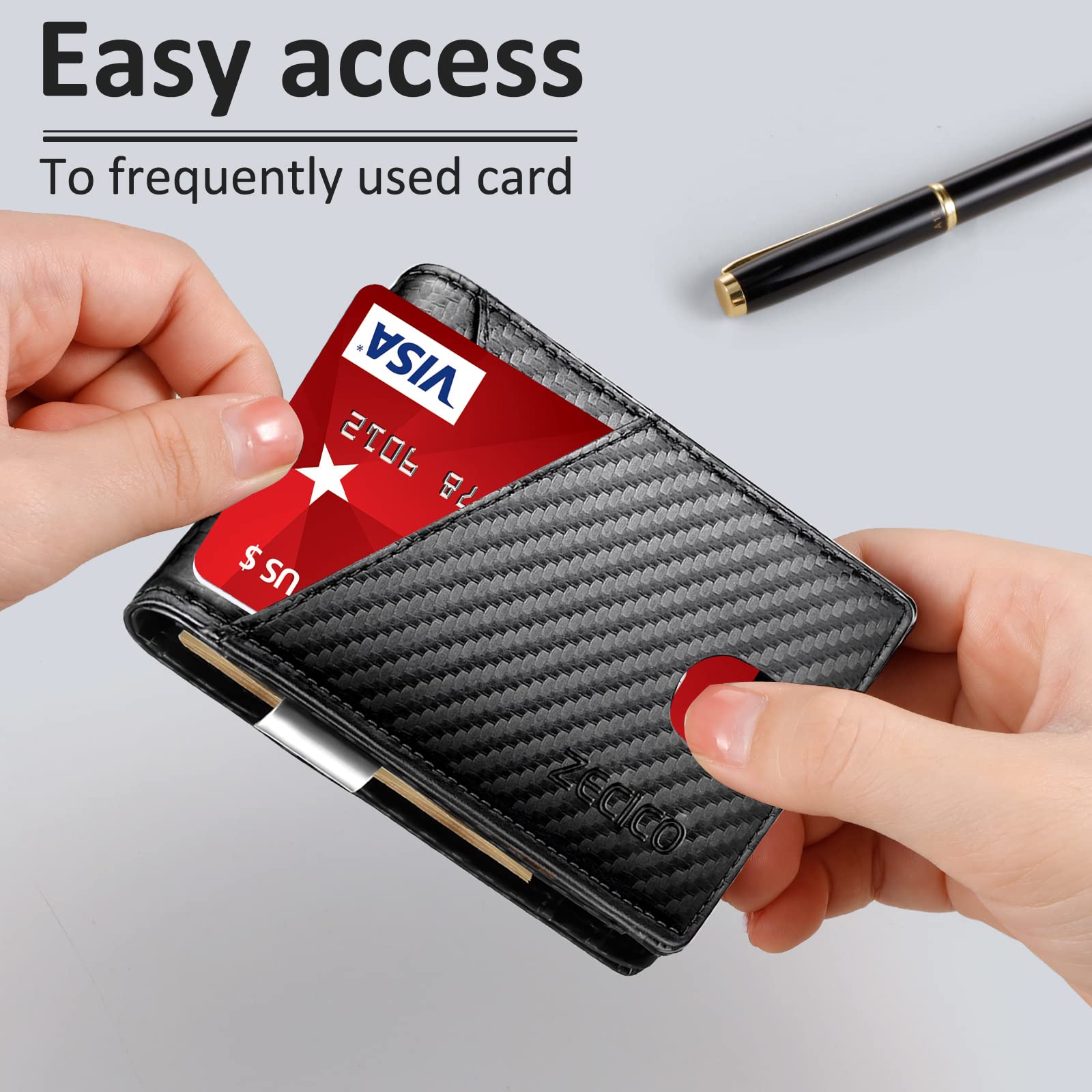 ZECICO Slim Minimalist Wallet for Men Bifold Leather Card Holder RFID Blocking Travel Purse with Money Clip ID Window Carbon Black - View 3 of 7