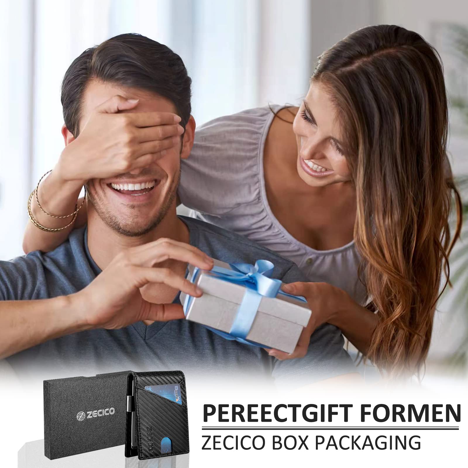 ZECICO Slim Minimalist Wallet for Men Bifold Leather Card Holder RFID Blocking Travel Purse with Money Clip ID Window Carbon Black - View 6 of 7