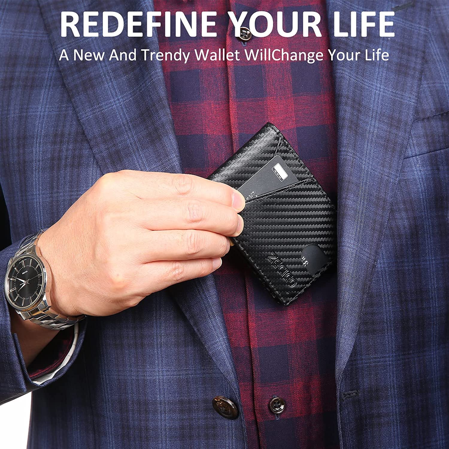 ZECICO Slim Minimalist Wallet for Men Bifold Leather Card Holder RFID Blocking Travel Purse with Money Clip ID Window Carbon Black - View 7 of 7