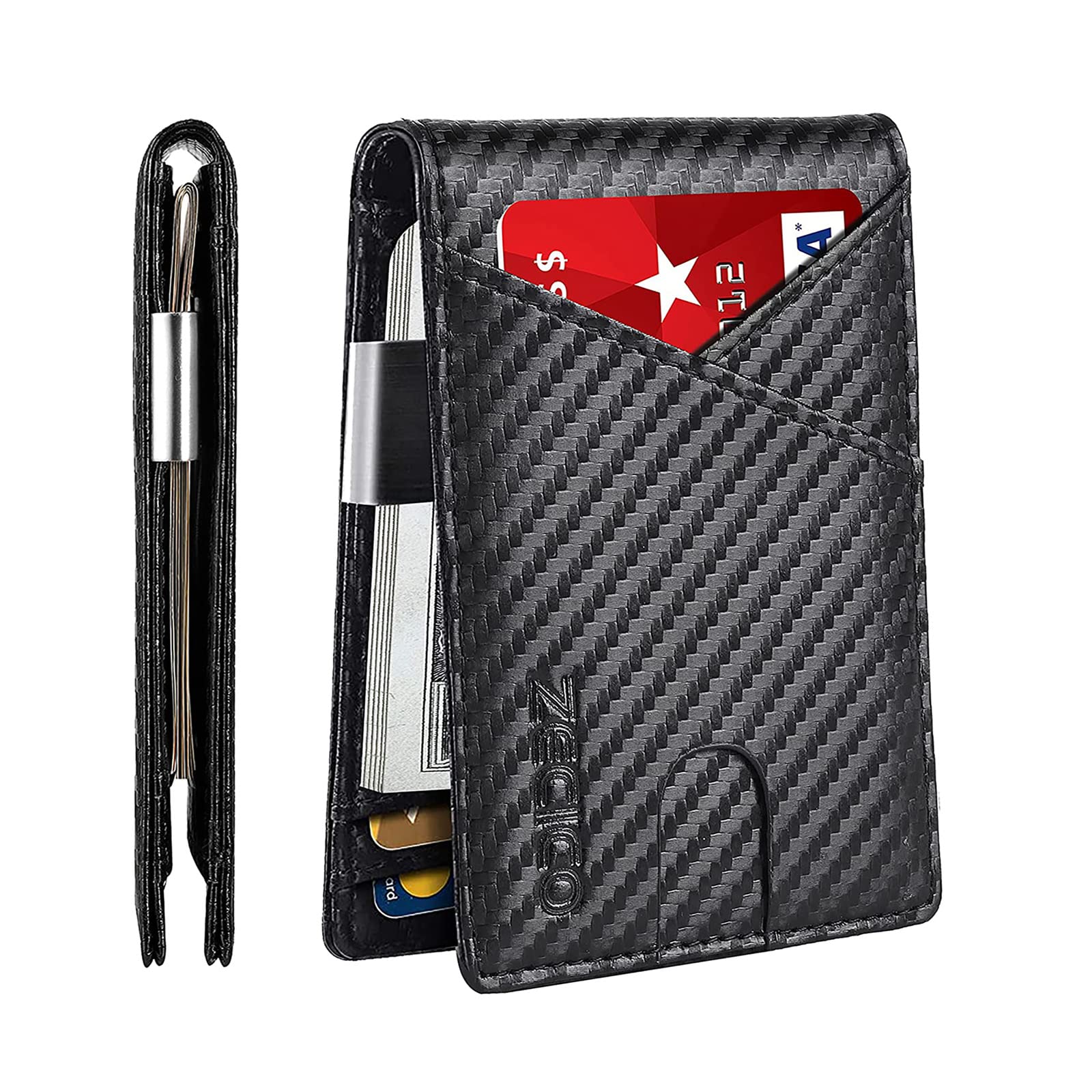 ZECICO Slim Minimalist Wallet for Men Bifold Leather Card Holder RFID Blocking Travel Purse with Money Clip ID Window Carbon Black