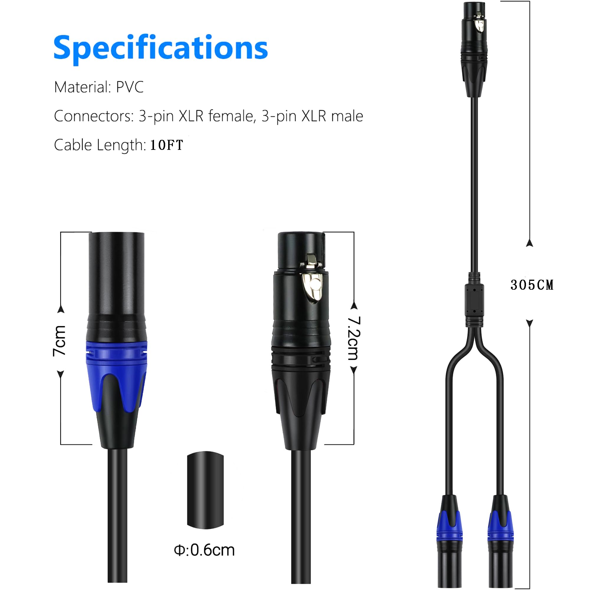 LanSenSu XLR Female to 2 XLR Male Patch Y Cable - 10ft Balanced Microphone Splitter Cord Audio Adaptor (1Pack) - View 2 of 9