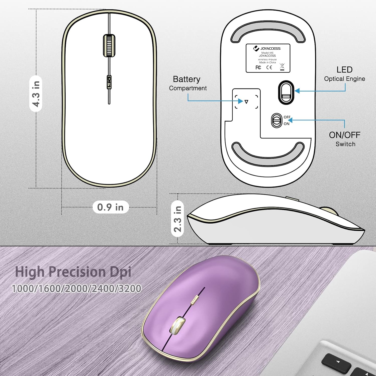 JOYACCESS JOYACCESS Wireless Mouse Portable Ergonomic 2.4G with 5 DPI Levels for Desktop Notebook PC Laptop Purple - View 4 of 9