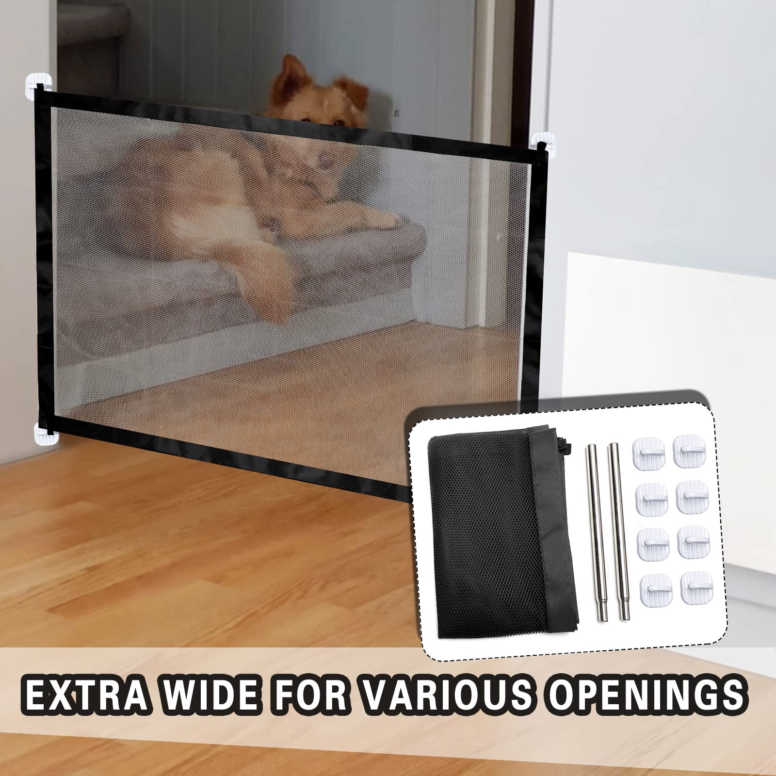 Wubuoxu Portable Folding Dog Gates for House Indoor Use Magic Mesh Doggy Door for Stairs and Doorways 29.52 X 43.3 with Sticky Hooks and Steel Poles - View 4 of 7