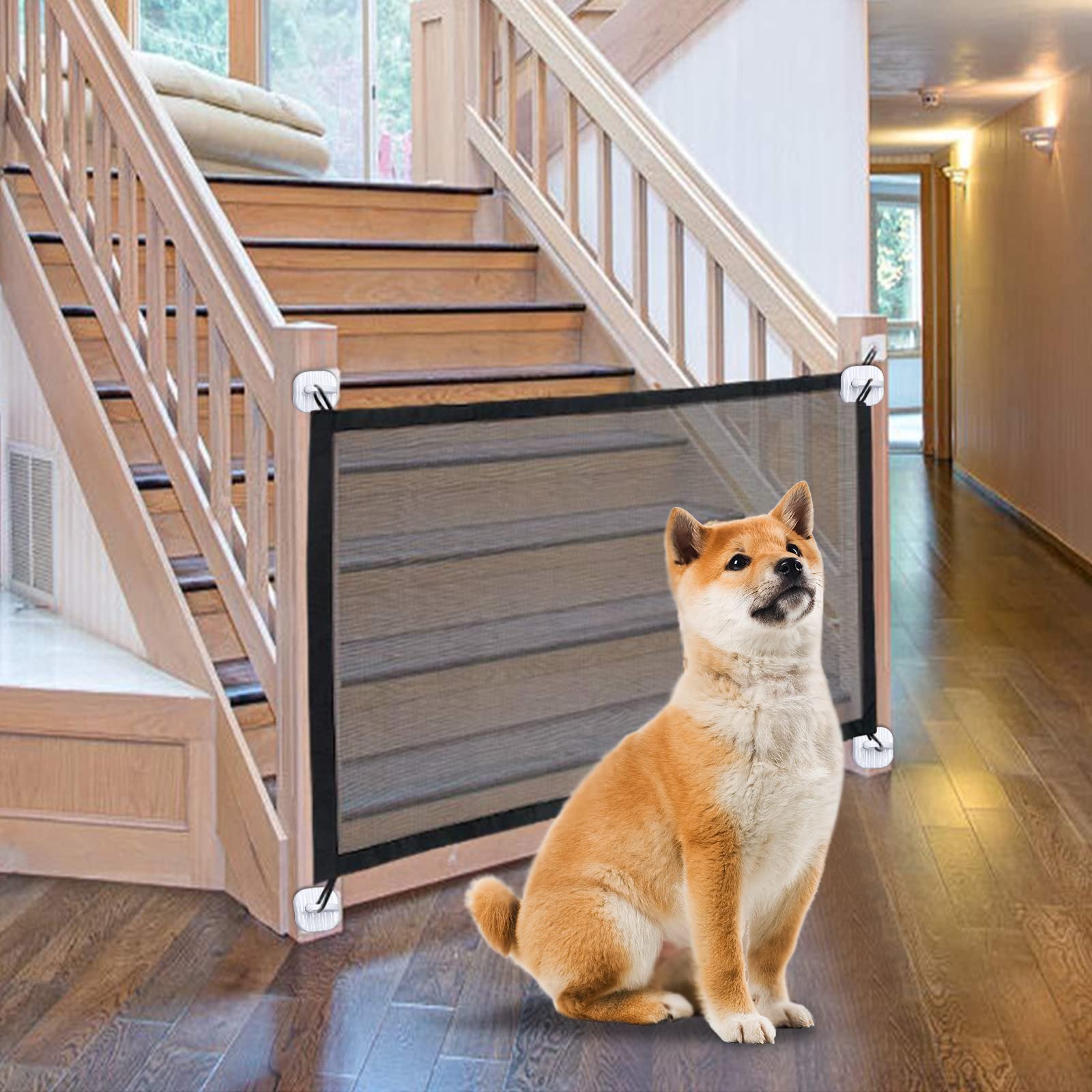 Wubuoxu Portable Folding Dog Gates for House Indoor Use Magic Mesh Doggy Door for Stairs and Doorways 29.52 X 43.3 with Sticky Hooks and Steel Poles - View 6 of 7
