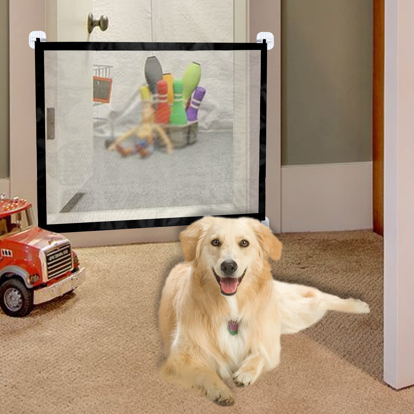 Wubuoxu Portable Folding Dog Gates for House Indoor Use Magic Mesh Doggy Door for Stairs and Doorways 29.52 X 43.3 with Sticky Hooks and Steel Poles - View 7 of 7