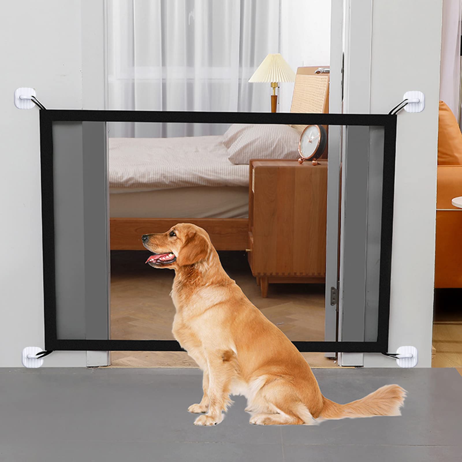 Wubuoxu Portable Folding Dog Gates for House Indoor Use Magic Mesh Doggy Door for Stairs and Doorways 29.52 X 43.3 with Sticky Hooks and Steel Poles