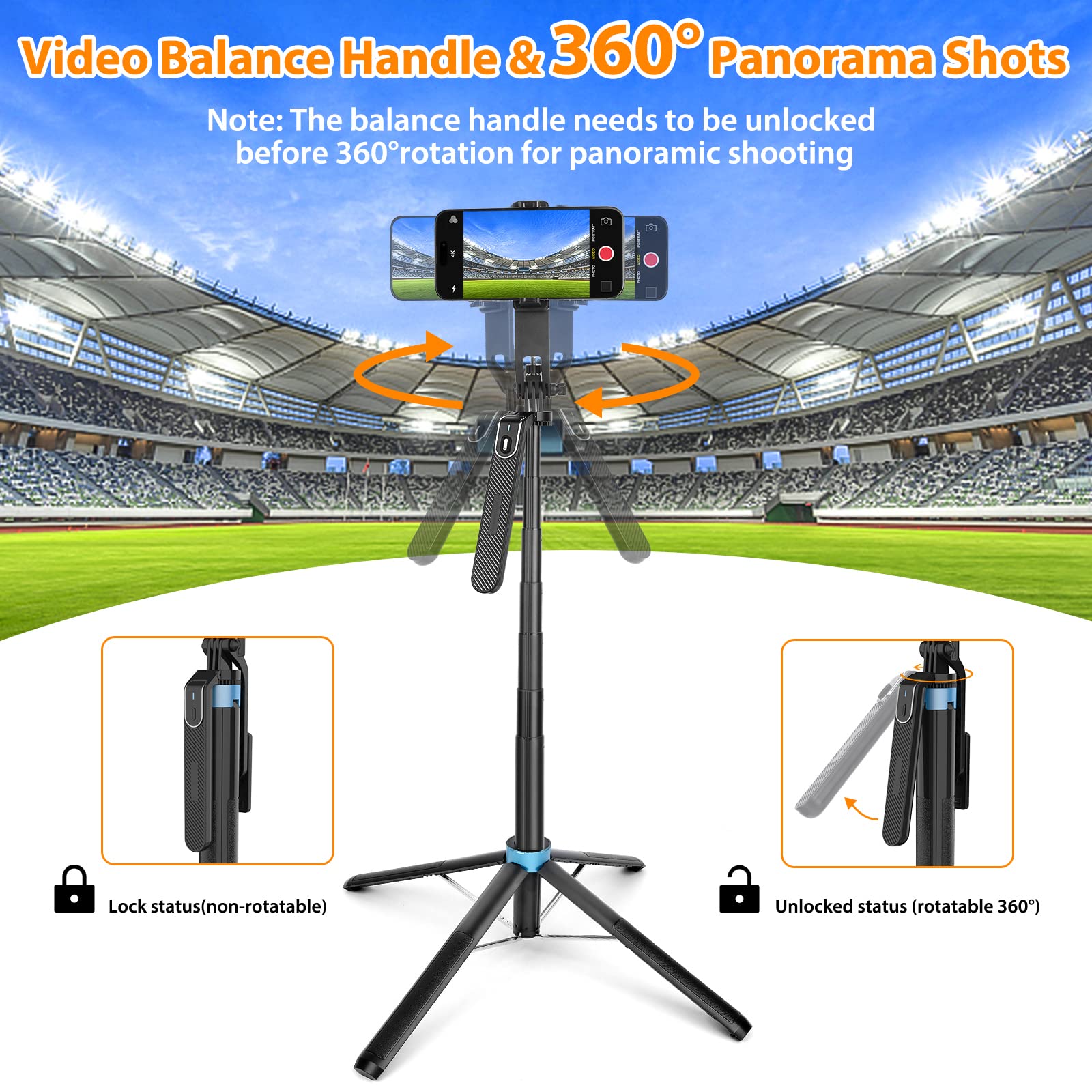 Eocean 71 Inch Tall Selfie Stick Tripod with Remote 360 Degree Ballhead Aluminum Alloy Extendable Phone Holder for iPhone Android GoPro - View 4 of 7