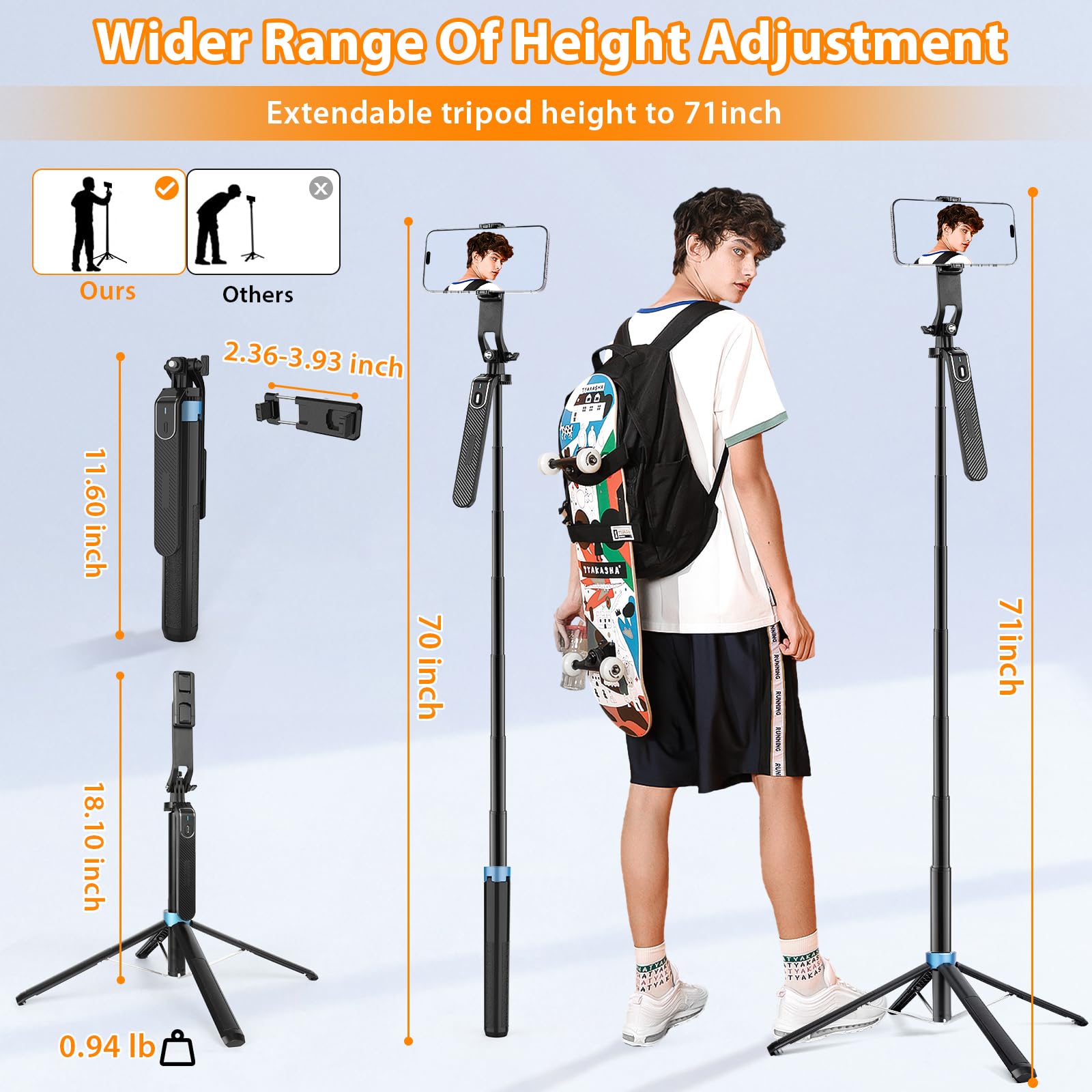 Eocean 71 Inch Tall Selfie Stick Tripod with Remote 360 Degree Ballhead Aluminum Alloy Extendable Phone Holder for iPhone Android GoPro - View 5 of 7