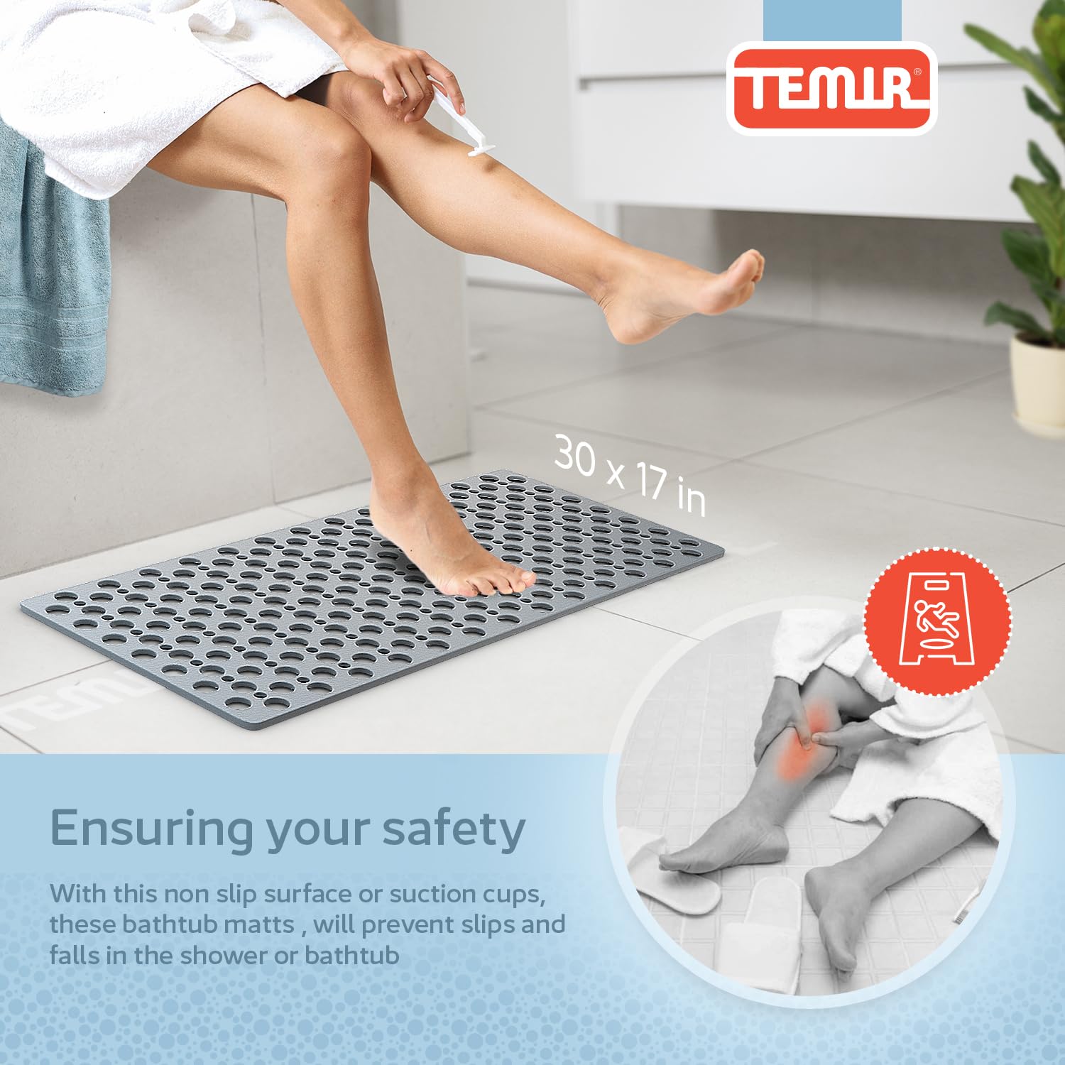 TEMIR TEMIR Non Slip Bathtub and Shower Mat 30x17 in Soft Machine Washable with Suction Cups and Drain Holes Easy Dry Gray - View 2 of 8