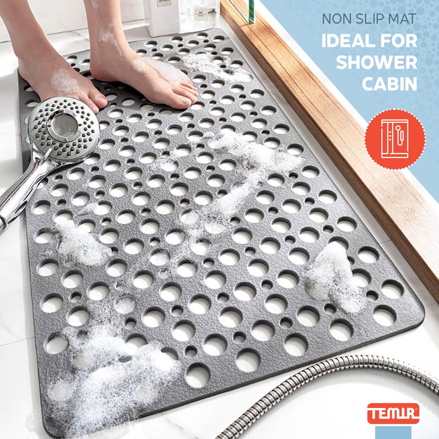 TEMIR TEMIR Non Slip Bathtub and Shower Mat 30x17 in Soft Machine Washable with Suction Cups and Drain Holes Easy Dry Gray - View 3 of 8